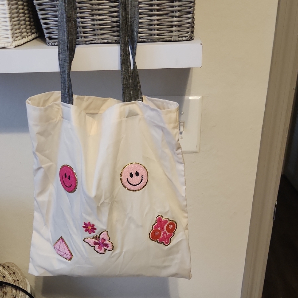 Embroidered White Tote with Pink Smiley Accents